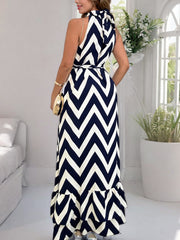 Sleeveless Wavy Striped Print Lace-up Maxi Dress
