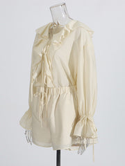 V-neck Lace-up Ruffled Top and Drawstring Shorts Set