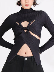 Fashion Round Neck Crisscross Hollow Out Knit Sweater
