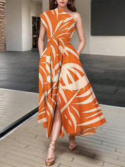 Fashion Print One Shoulder Lace-up Slim Maxi Dress