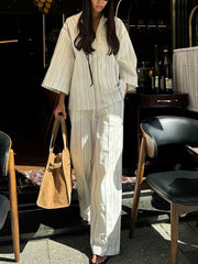 Casual Stripe Loose Shirt Straight Trousers Set