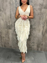 Sexy V-neck Hollow Out Ruffles Split Dress