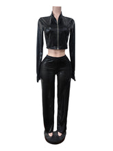Fashion PU Leather Zipper Crop Top Pants Two Piece Set