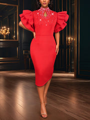 Elegant Ruffle Sleeve Bodycon Party Evening Midi Dress