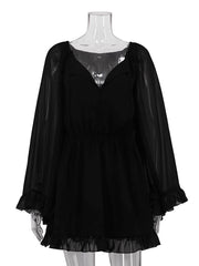 Casual V-neck Sheer Mesh High Waist Pleated Mini Dress