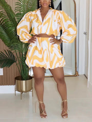 Casual Print Cropped Shirt High Waist Skirt Sets