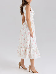 Fashion Floral Print Drawstring Ruffle Midi Dress