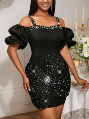 Sexy Off Shoulder Rhinestone Spaghetti Strap Mini Dress