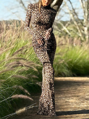 Sexy Round Neck Leopard Print Slim Pleated Maxi Dress