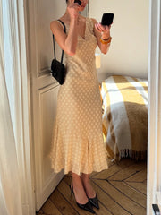 V Neck Sleeveless Polka Dot Slim Ruffle Dress