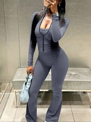 Casual Zip Up Top Slim Flared Leggings Sets