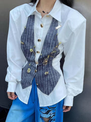 Casual Striped Safety Pin Slim Blouse