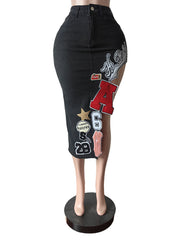 Casual Patch Letter Embroider High Split Denim Skirt