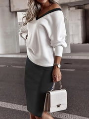 Fashion V-Neck Top and High Waist Knee Length Skirt Set