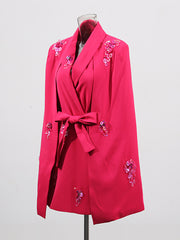 Elegant V Neck Sequins Embellished Cape Blazer