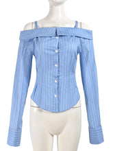 Striped Off Shoulder Spaghetti-Strap Button Down Shirt