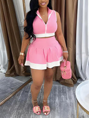 Stretch Ribbed Zip Crop Top And Tenni Skirt 2 Piece Set