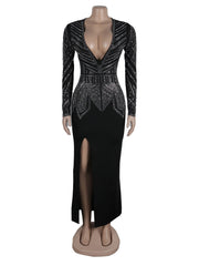 Sexy See Through Mesh Rhinestone Split Maxi Dress