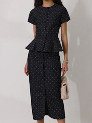 Polka Dot Print Slim Shirt High Waist Midi Skirt Set