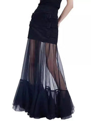 Fashion Patchwork Sheer Mesh Solid Maxi Skirt