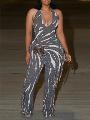 Sexy Tassel Print Halter Neck Lace-Up Jumpsuit
