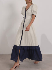 Casual V Neck Contrast Color Maxi Dress