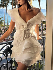 Plunge Off Shoulder Ruffle Tiered Party Mini Dress