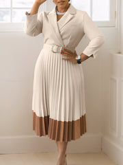Fashion Cinched Waist Two-Tone Belted Pleated Dress