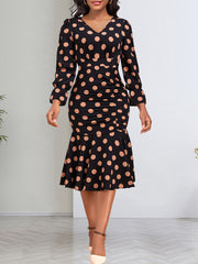Elegant Polka Dots Ruched Ruffle Hem Mermaid Pencil Midi Dresses