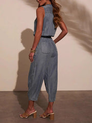 Sleeveless Drawstring Waist Washed Denim Jumpsuit