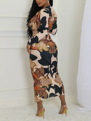 V-neck Print European Style Split Dress