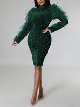 Sequin Feather Splicing Long Sleeve Backless Midi Dress