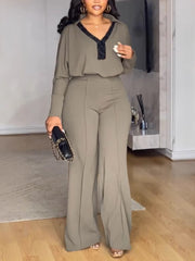 V-Turn down Collar Elastic Slim Pant Casual Set