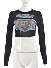 Sexy Sheer Mesh Denim Patchwork Slim T shirt