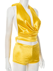 Deep V Halter Bandage Top and Shorts Two-piece Set
