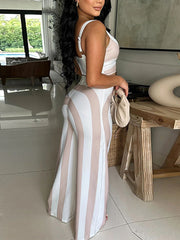 Stripe Crop Vest Wide Leg Pants Casual Two Piece Set