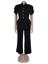 Elegant Petal Sleeve Slim Tops And Straight Pants Set