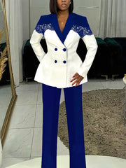 Elegant Lace Patchwork Slim Blazer And Pants Suit