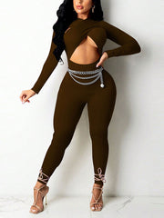 Sexy Hollow Out Cross O Neck Skinny Jumpsuit