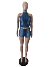 Sexy Zipper Sleeveless Denim Vest and Shorts Sets