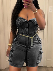 Sexy Strapless Denim Cargo Romper