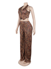 Leopard Print Halter Top And Trousers Casual Set