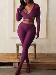 Casual V Neck Hollow Out Bandage Top Skinny Pants Set