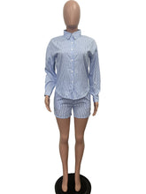 Casual Stripe Button Down Shirt And Shorts Sets