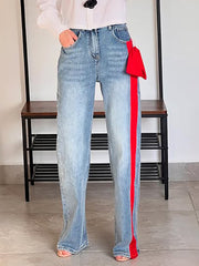 Fashion Contrast Side Bow High Waist Straight Jeans