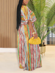 Stripe Print O Neck Half Sleeve Wide Leg Pants Set