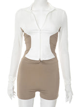 Stand Collar Contrast Color Slim Top Skinny Shorts Sets