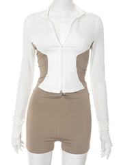 Stand Collar Contrast Color Slim Top Skinny Shorts Sets