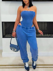 Sexy Strapless Bodysuit Stretch Waist Pants Set