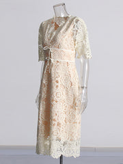Short-Sleeve V-Neck Bow Lace Midi A-Line Dress